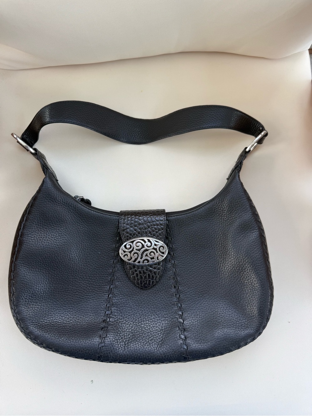 Brighton Black Pebbled Leather Hobo Bag with Silver Ornamental Clasp